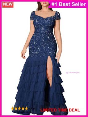 Plus Size Sequin Lace Tulle Mermaid Formal Prom Dress Slit